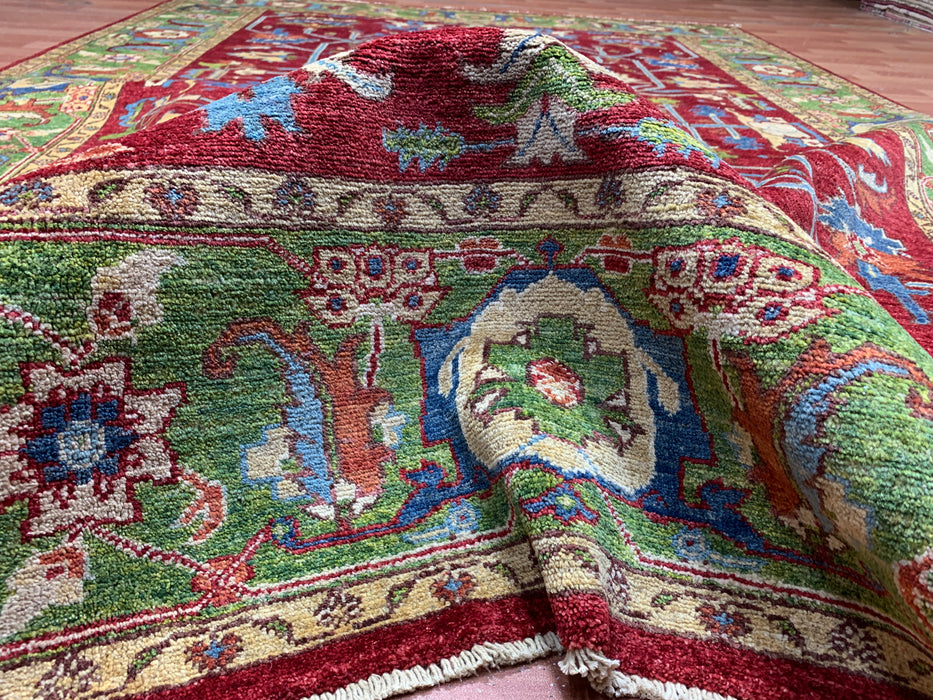 7'x10' Hand-Knotted Kazak Wool Rug – Red & Green Tribal Design