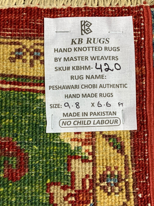 7'x10' Hand-Knotted Kazak Wool Rug – Red & Green Tribal Design