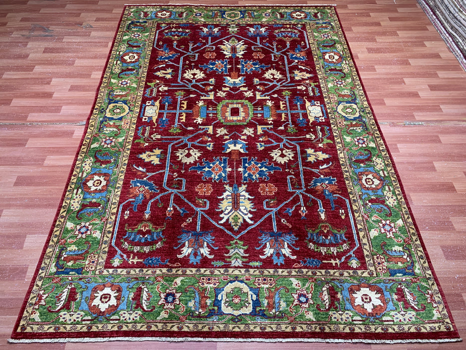 7'x10' Hand-Knotted Kazak Wool Rug – Red & Green Tribal Design