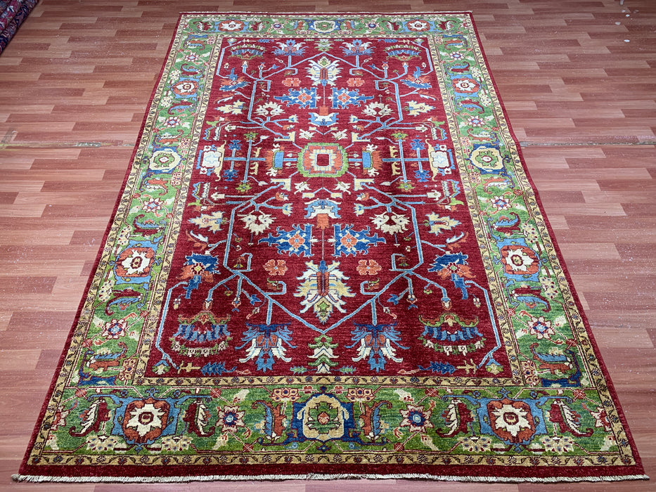 7'x10' Hand-Knotted Kazak Wool Rug – Red & Green Tribal Design