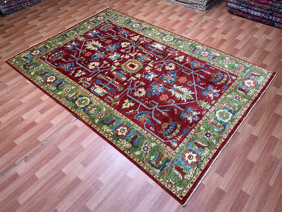 7'x10' Hand-Knotted Kazak Wool Rug – Red & Green Tribal Design