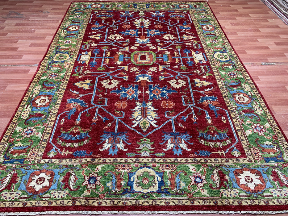 7'x10' Hand-Knotted Kazak Wool Rug – Red & Green Tribal Design