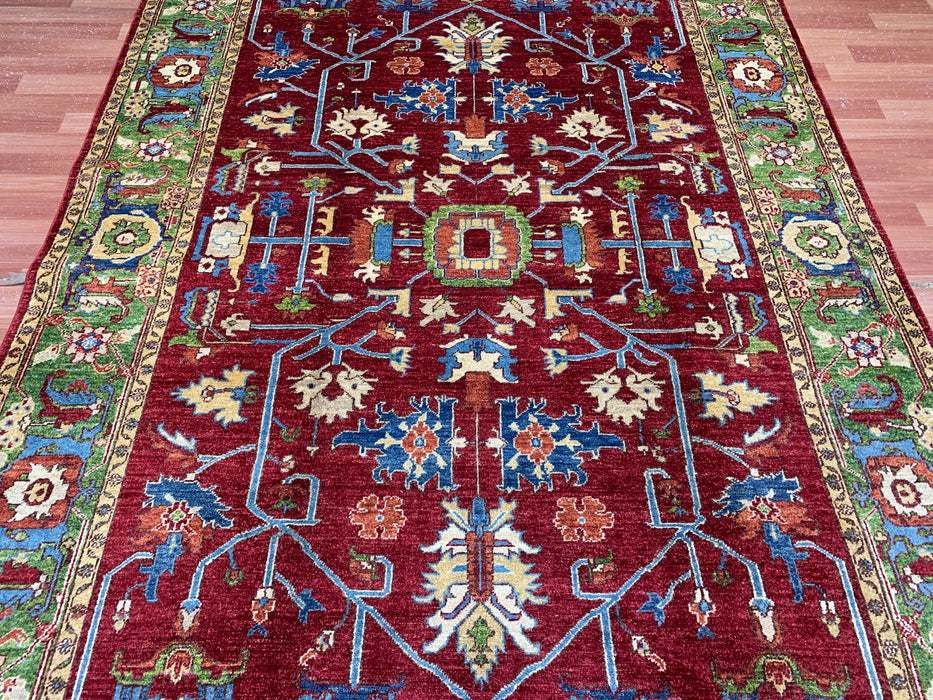 7'x10' Hand-Knotted Kazak Wool Rug – Red & Green Tribal Design