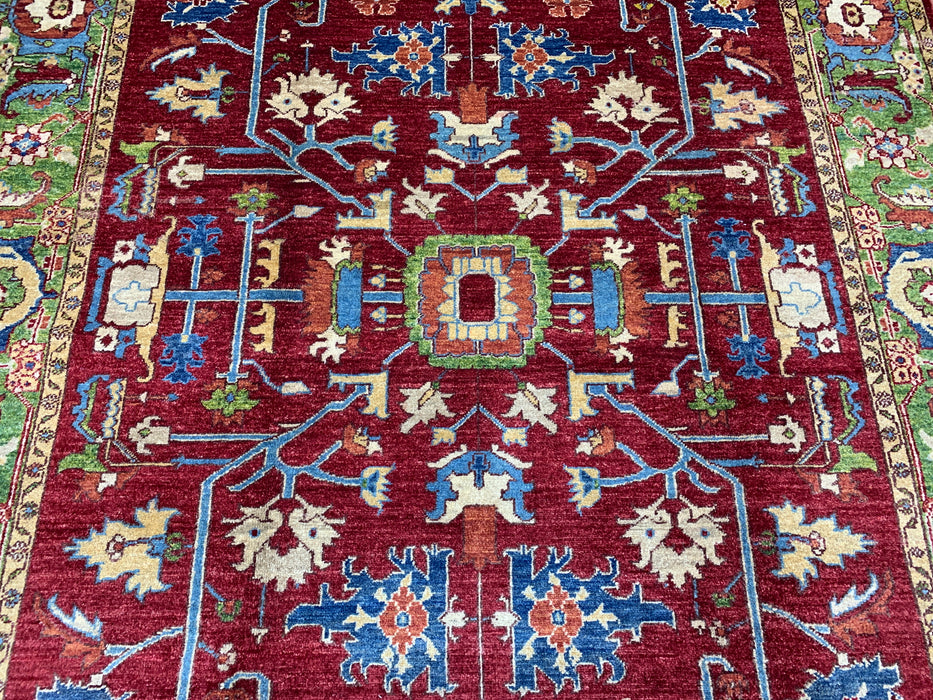 7'x10' Hand-Knotted Kazak Wool Rug – Red & Green Tribal Design
