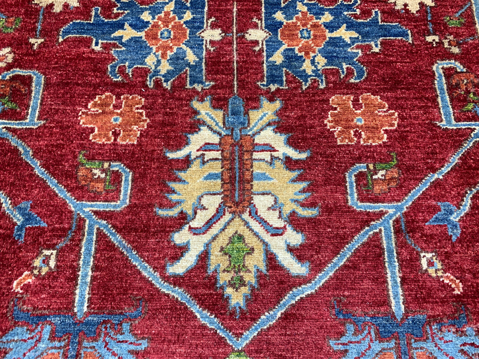 7'x10' Hand-Knotted Kazak Wool Rug – Red & Green Tribal Design
