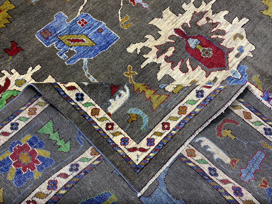 10' x 13' Hand-Knotted Chobi Oushak Wool Rug – Charcoal with Multicolor Floral & Tribal Motifs