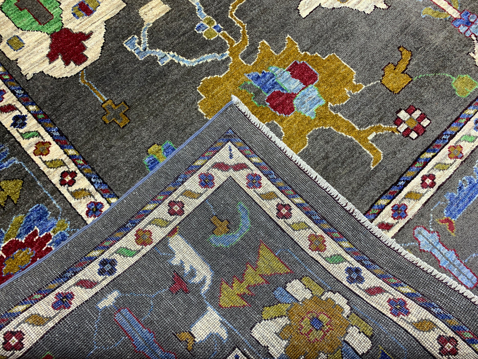 10' x 13' Hand-Knotted Chobi Oushak Wool Rug – Charcoal with Multicolor Floral & Tribal Motifs
