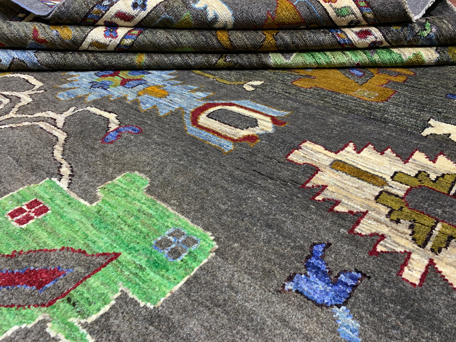 10' x 13' Hand-Knotted Chobi Oushak Wool Rug – Charcoal with Multicolor Floral & Tribal Motifs