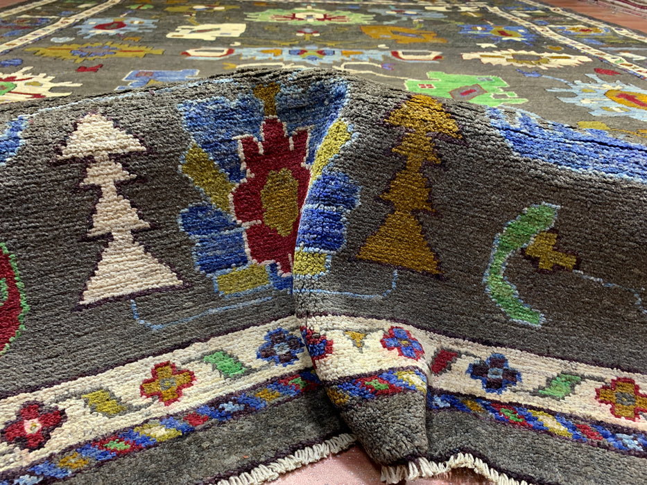 10' x 13' Hand-Knotted Chobi Oushak Wool Rug – Charcoal with Multicolor Floral & Tribal Motifs