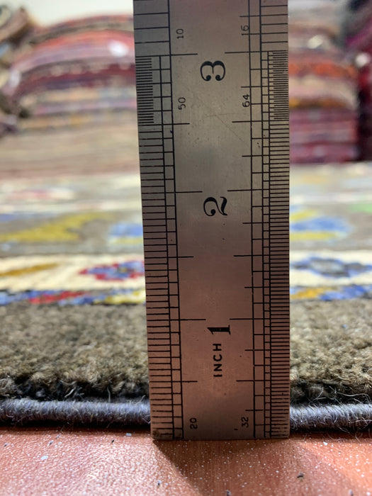 10' x 13' Hand-Knotted Chobi Oushak Wool Rug – Charcoal with Multicolor Floral & Tribal Motifs