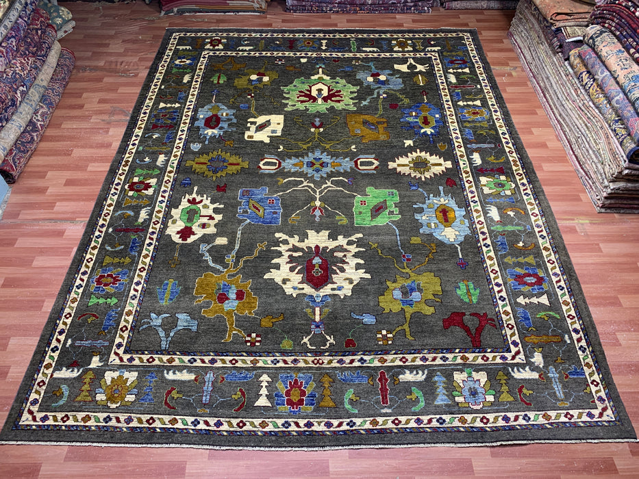 10' x 13' Hand-Knotted Chobi Oushak Wool Rug – Charcoal with Multicolor Floral & Tribal Motifs