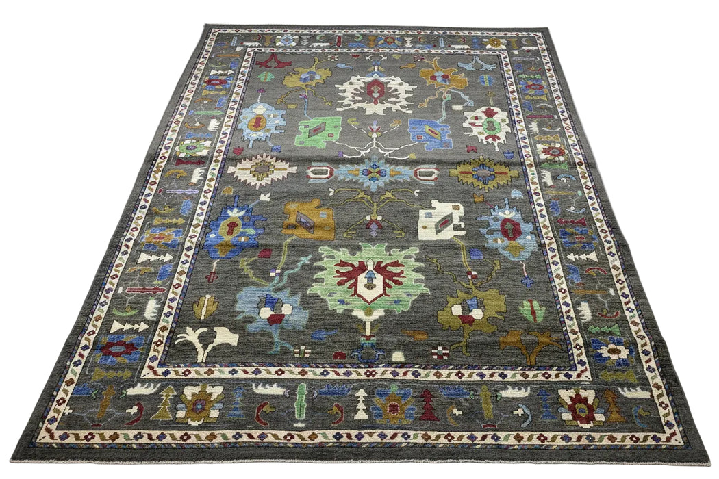 10' x 13' Hand-Knotted Chobi Oushak Wool Rug – Charcoal with Multicolor Floral & Tribal Motifs