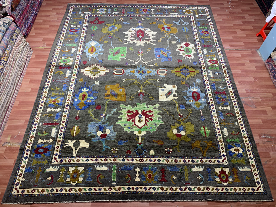 10' x 13' Hand-Knotted Chobi Oushak Wool Rug – Charcoal with Multicolor Floral & Tribal Motifs