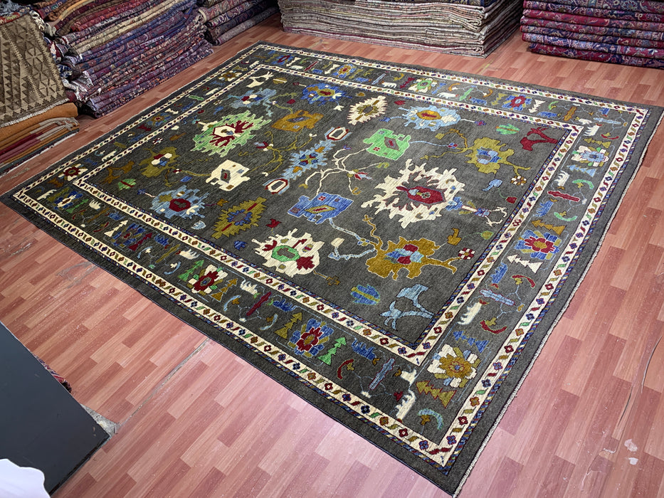 10' x 13' Hand-Knotted Chobi Oushak Wool Rug – Charcoal with Multicolor Floral & Tribal Motifs