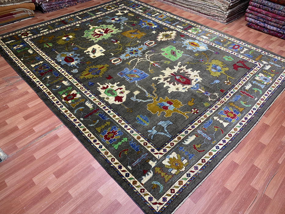 10' x 13' Hand-Knotted Chobi Oushak Wool Rug – Charcoal with Multicolor Floral & Tribal Motifs