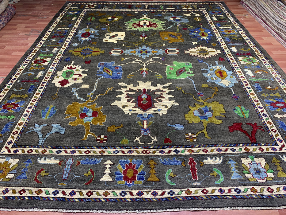 10' x 13' Hand-Knotted Chobi Oushak Wool Rug – Charcoal with Multicolor Floral & Tribal Motifs