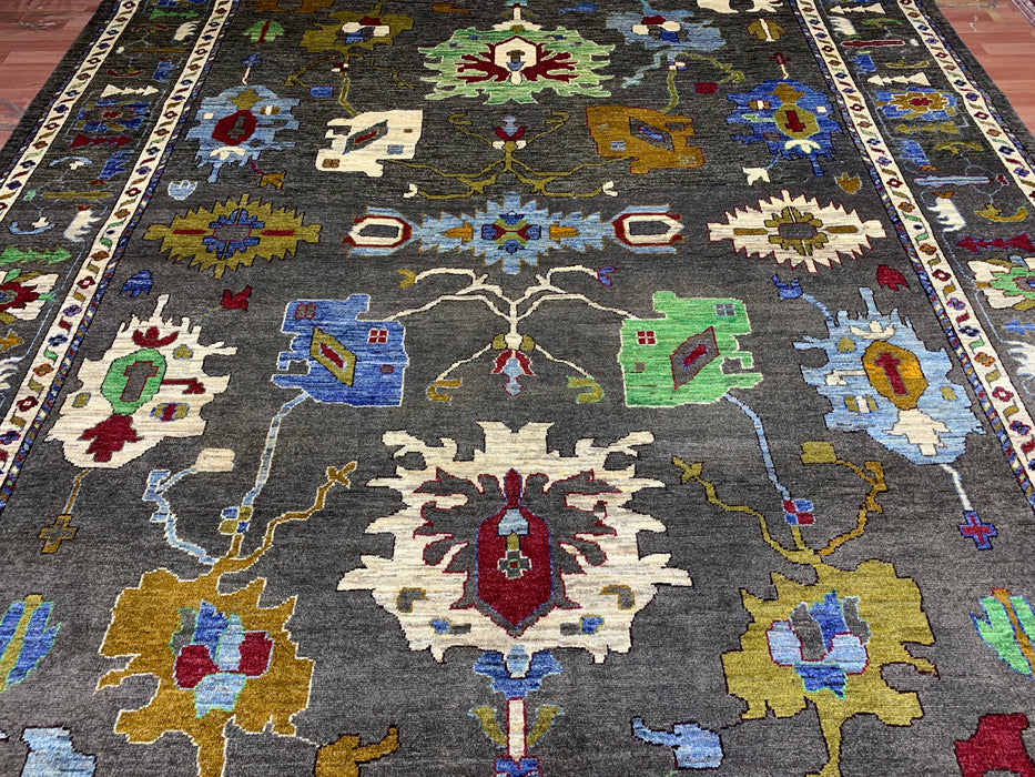 10' x 13' Hand-Knotted Chobi Oushak Wool Rug – Charcoal with Multicolor Floral & Tribal Motifs