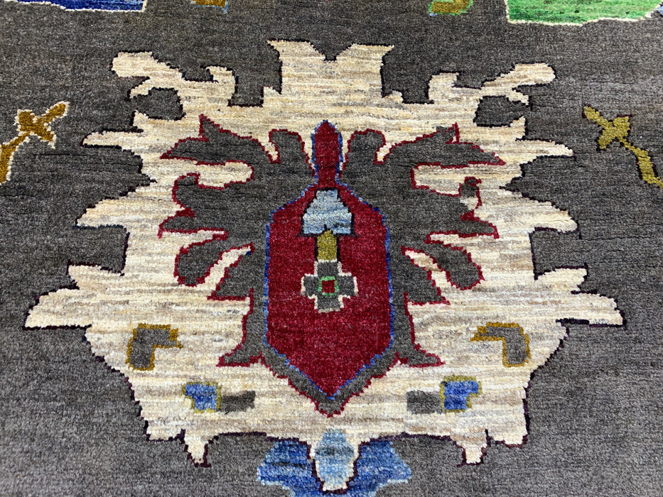 10' x 13' Hand-Knotted Chobi Oushak Wool Rug – Charcoal with Multicolor Floral & Tribal Motifs