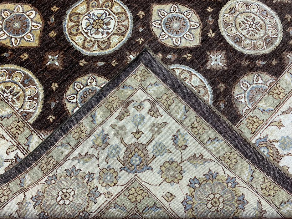 9' x 14' Hand-Knotted Chobi Wool Rug – Chocolate & Ivory Medallion Design
