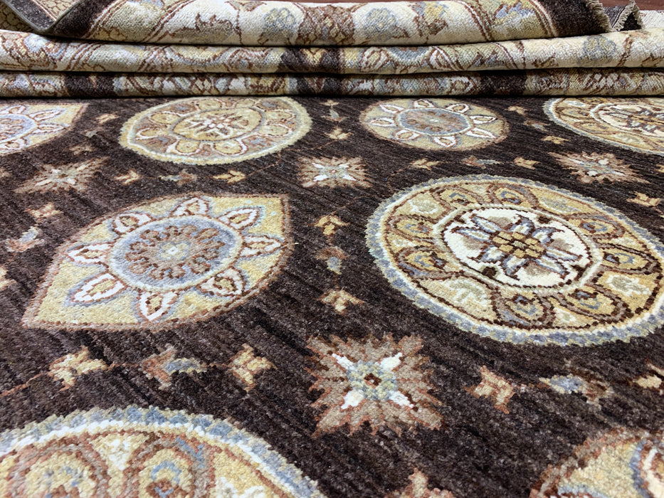 9' x 14' Hand-Knotted Chobi Wool Rug – Chocolate & Ivory Medallion Design