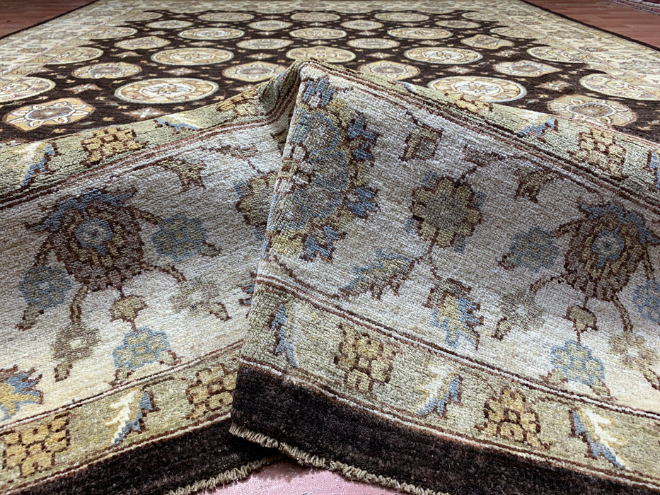 9' x 14' Hand-Knotted Chobi Wool Rug – Chocolate & Ivory Medallion Design