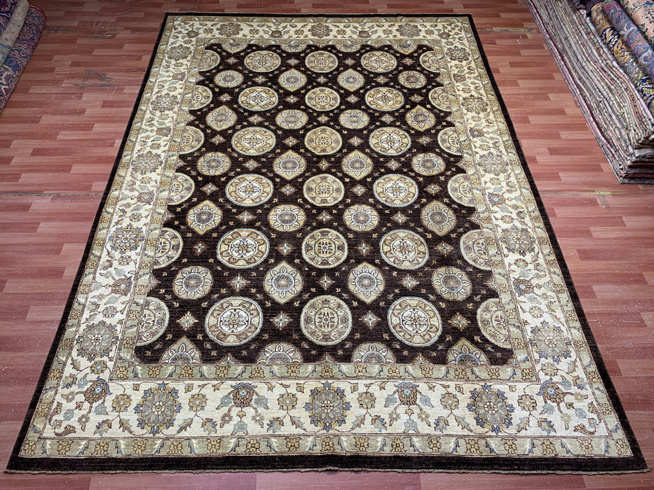 9' x 14' Hand-Knotted Chobi Wool Rug – Chocolate & Ivory Medallion Design
