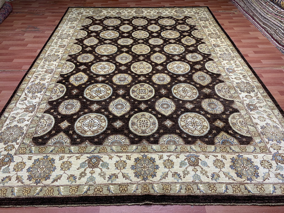 9' x 14' Hand-Knotted Chobi Wool Rug – Chocolate & Ivory Medallion Design