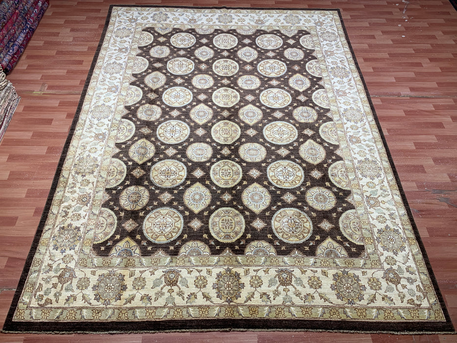 9' x 14' Hand-Knotted Chobi Wool Rug – Chocolate & Ivory Medallion Design