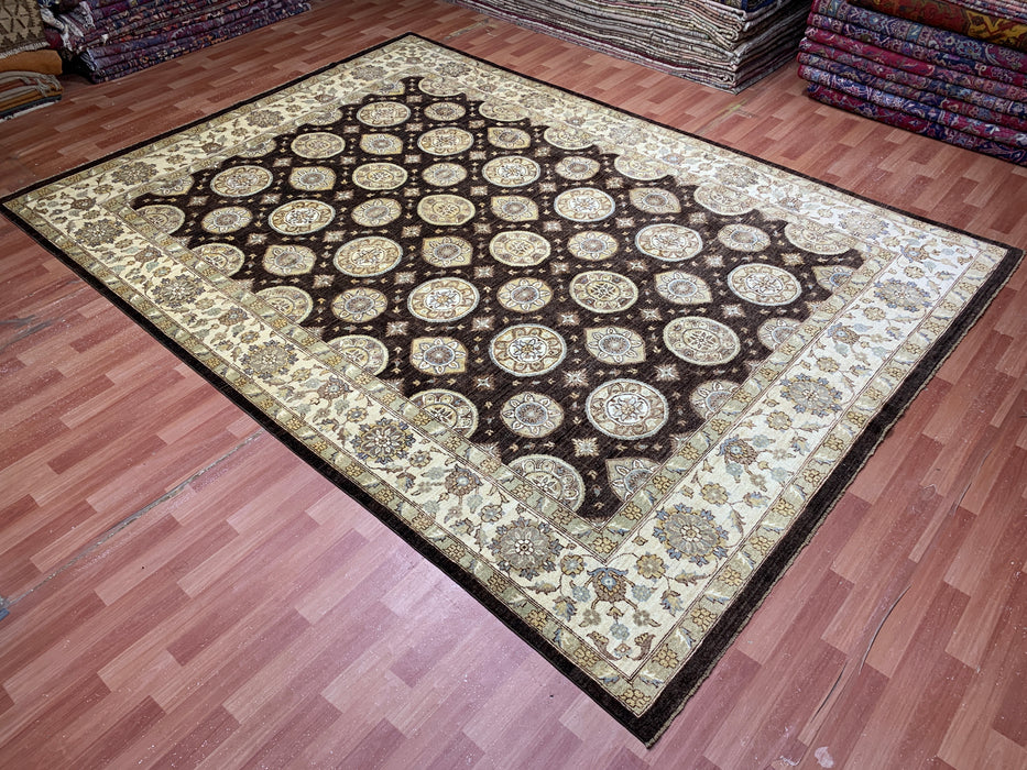 9' x 14' Hand-Knotted Chobi Wool Rug – Chocolate & Ivory Medallion Design