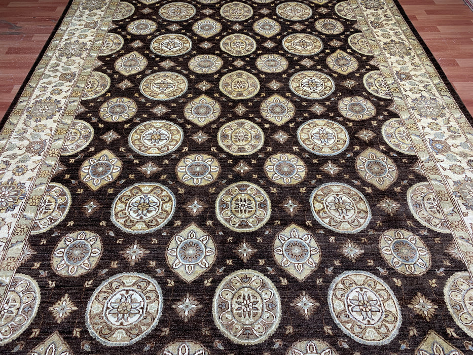 9' x 14' Hand-Knotted Chobi Wool Rug – Chocolate & Ivory Medallion Design