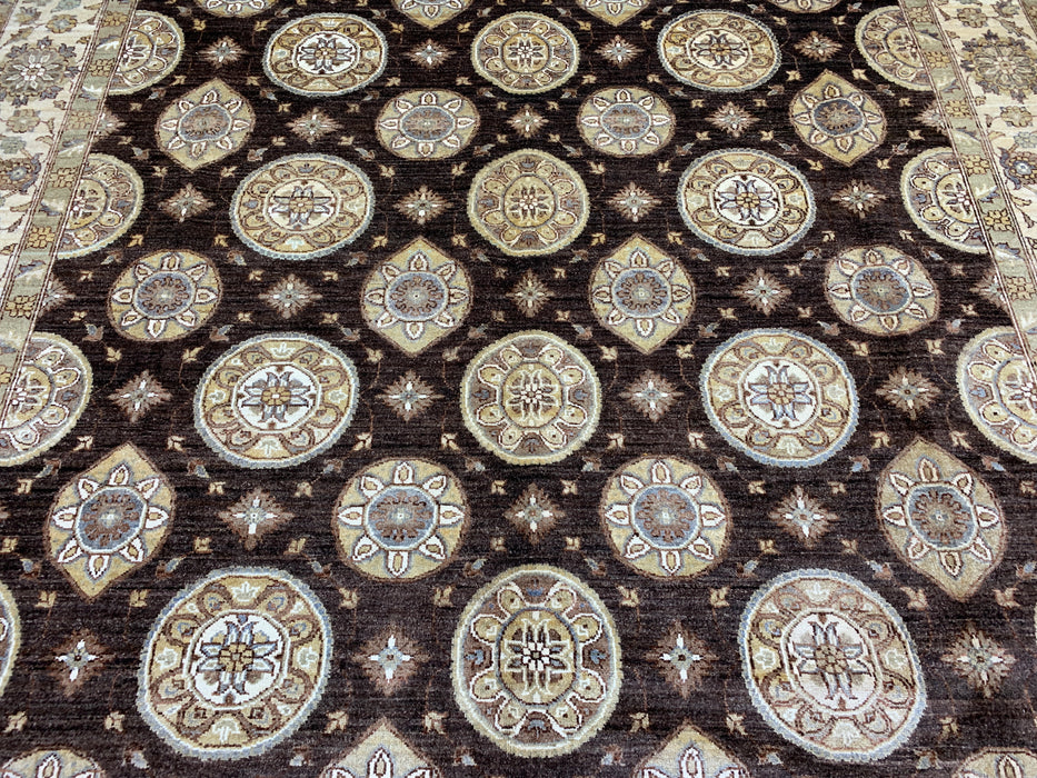 9' x 14' Hand-Knotted Chobi Wool Rug – Chocolate & Ivory Medallion Design