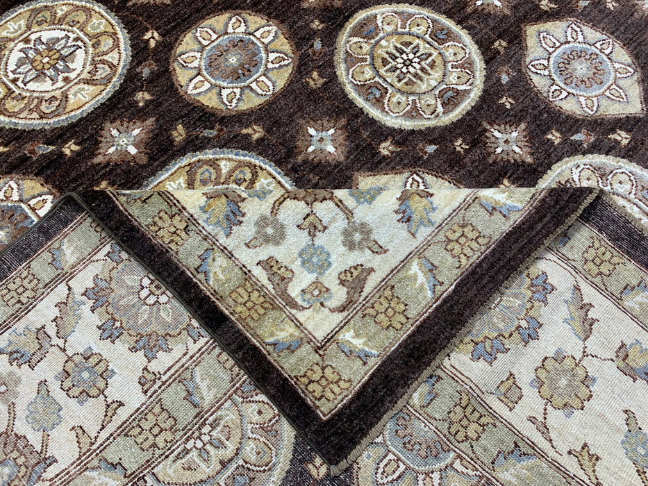 9' x 14' Hand-Knotted Chobi Wool Rug – Chocolate & Ivory Medallion Design