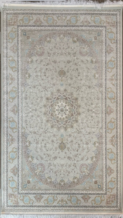 Premium 1500-Reed Persian Machine-Made Rug – Ivory / Soft Blue Medallion – 7' x 10'