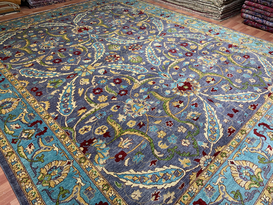 12'x15' Hand-Knotted Chobi Wool Rug – Slate Blue & Aqua Border