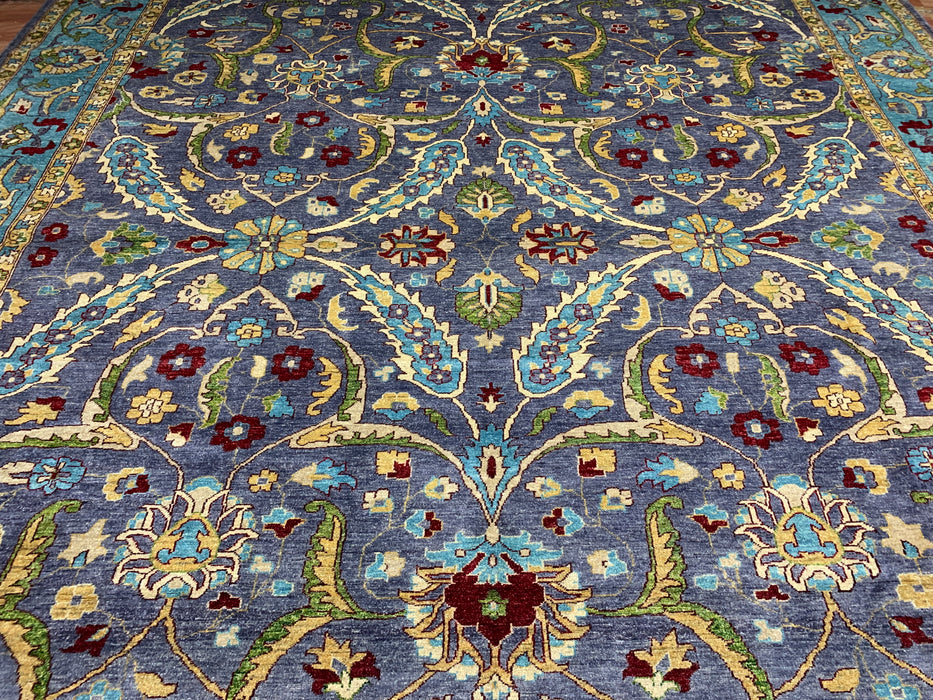 12'x15' Hand-Knotted Chobi Wool Rug – Slate Blue & Aqua Border
