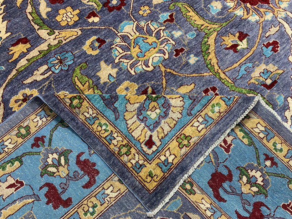 12'x15' Hand-Knotted Chobi Wool Rug – Slate Blue & Aqua Border