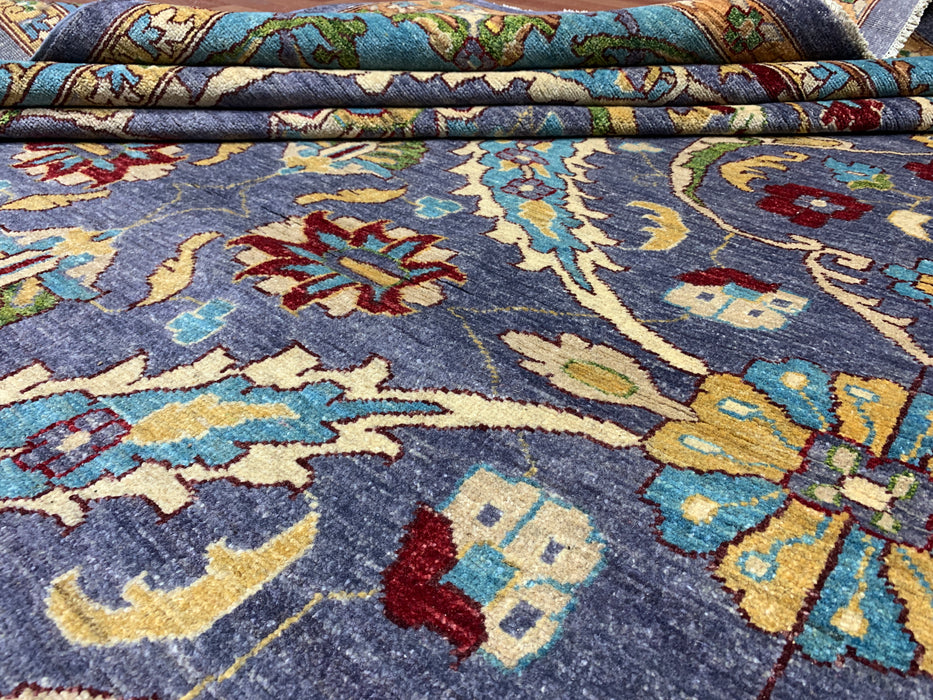 12'x15' Hand-Knotted Chobi Wool Rug – Slate Blue & Aqua Border