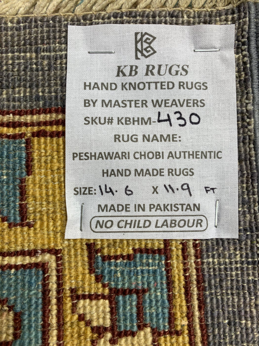 12'x15' Hand-Knotted Chobi Wool Rug – Slate Blue & Aqua Border