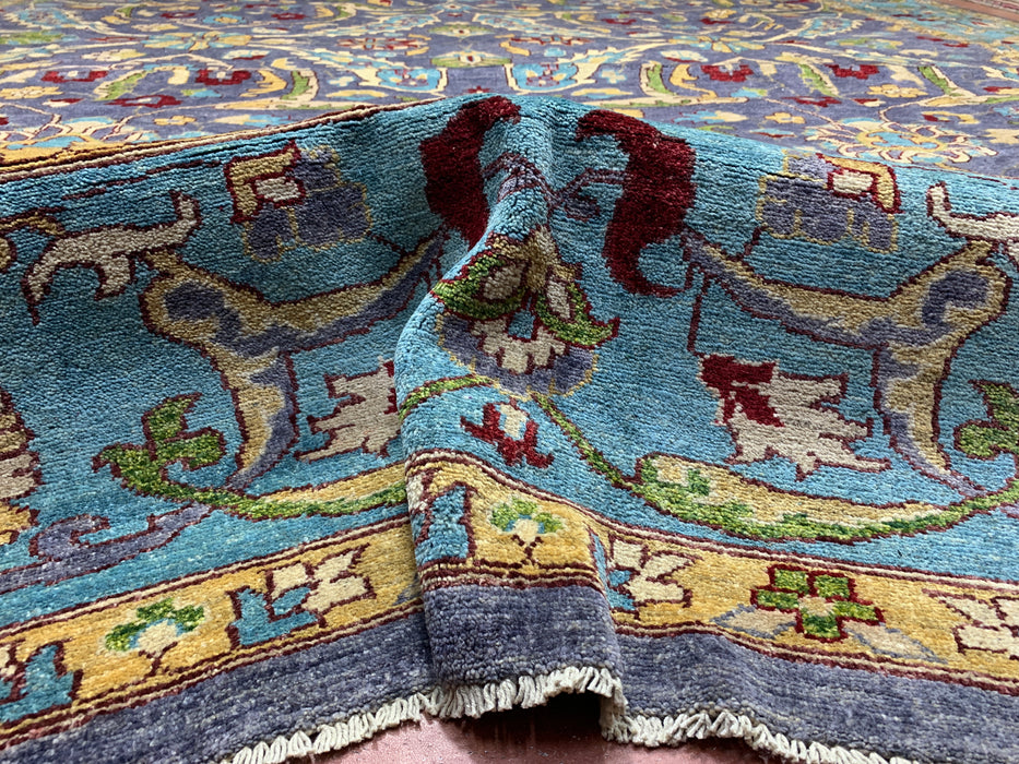 12'x15' Hand-Knotted Chobi Wool Rug – Slate Blue & Aqua Border