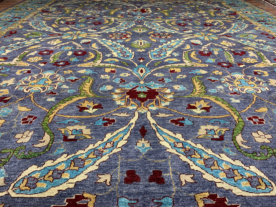 12'x15' Hand-Knotted Chobi Wool Rug – Slate Blue & Aqua Border