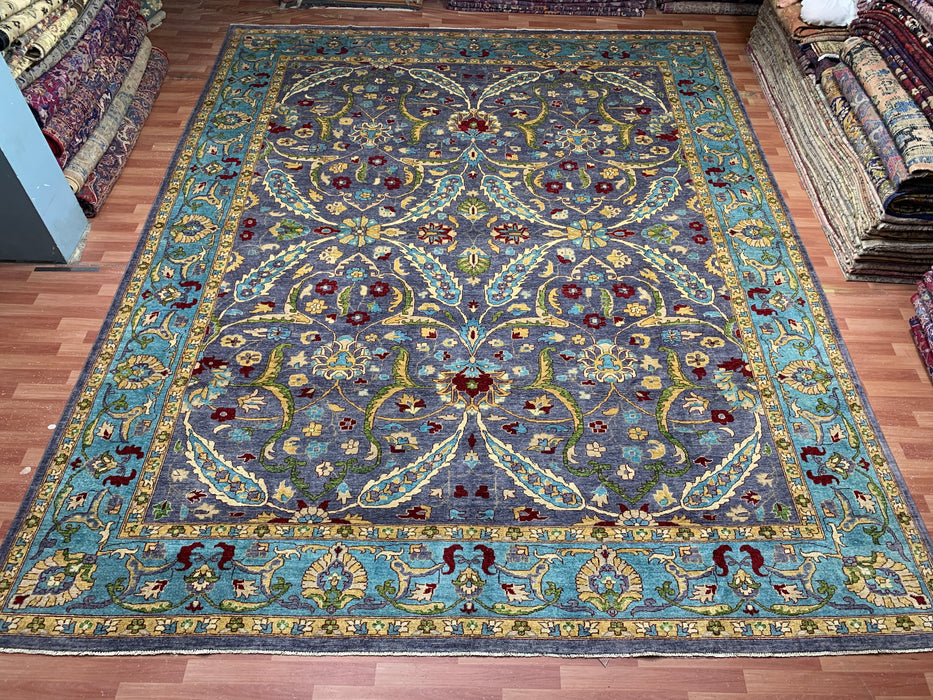 12'x15' Hand-Knotted Chobi Wool Rug – Slate Blue & Aqua Border