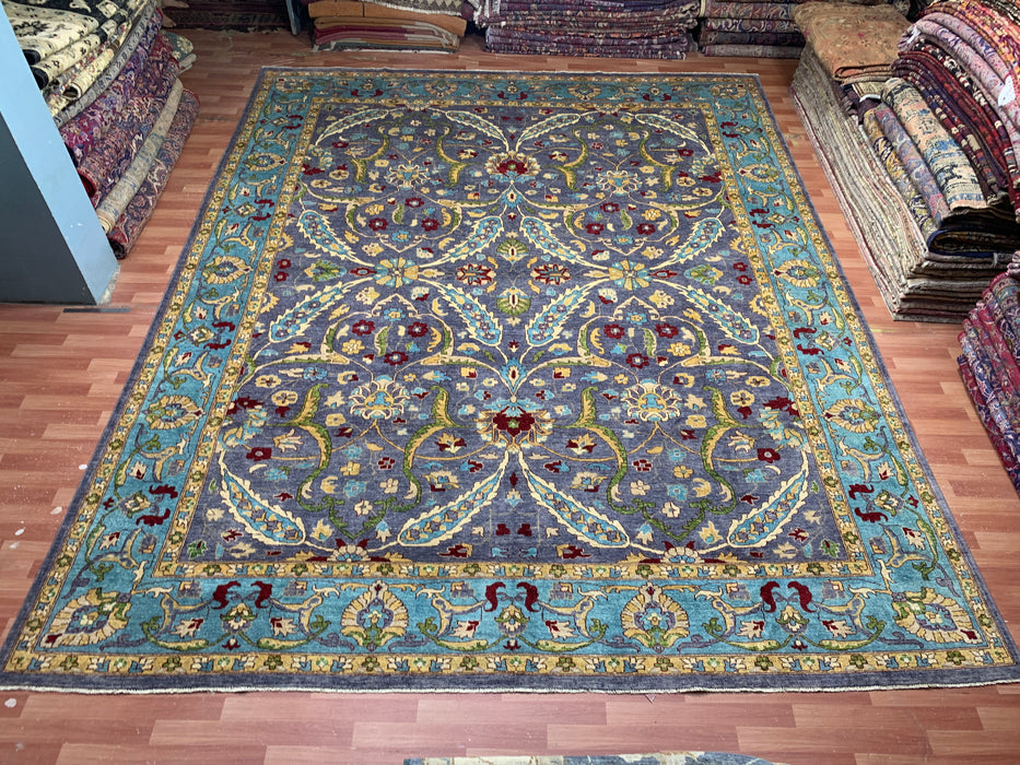 12'x15' Hand-Knotted Chobi Wool Rug – Slate Blue & Aqua Border