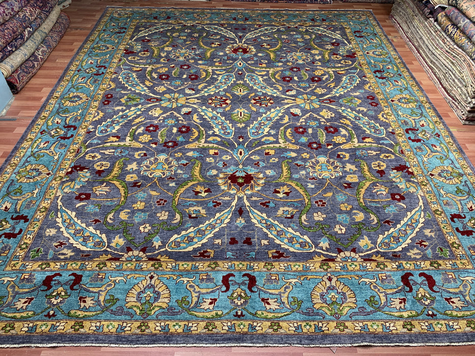 12'x15' Hand-Knotted Chobi Wool Rug – Slate Blue & Aqua Border