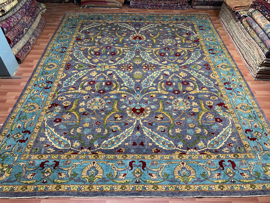 12'x15' Hand-Knotted Chobi Wool Rug – Slate Blue & Aqua Border