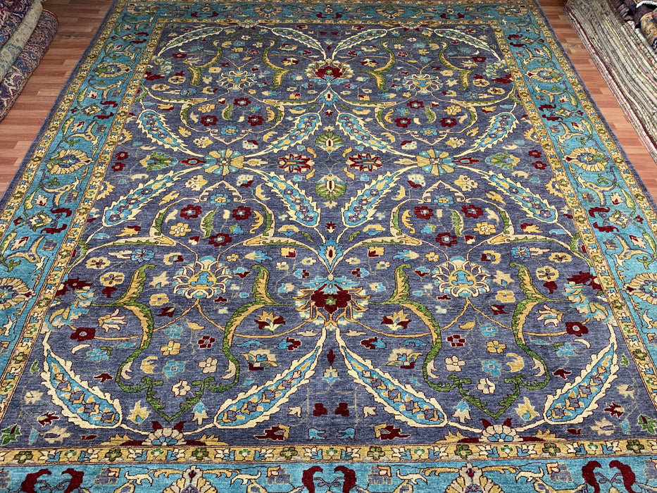 12'x15' Hand-Knotted Chobi Wool Rug – Slate Blue & Aqua Border