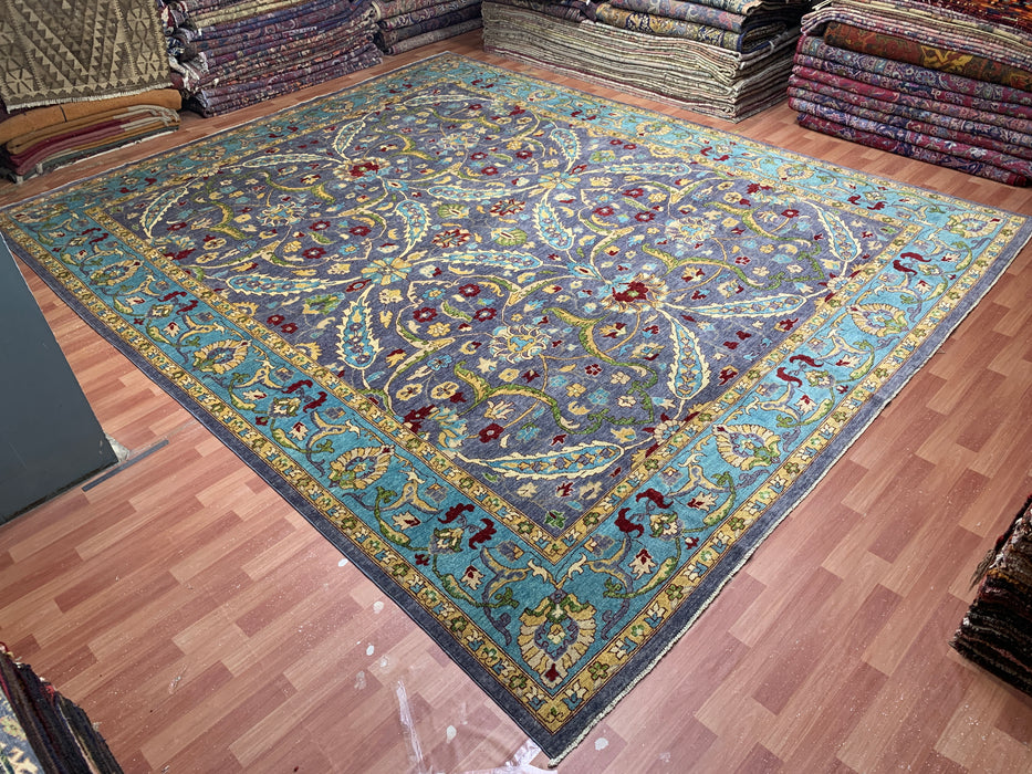 12'x15' Hand-Knotted Chobi Wool Rug – Slate Blue & Aqua Border