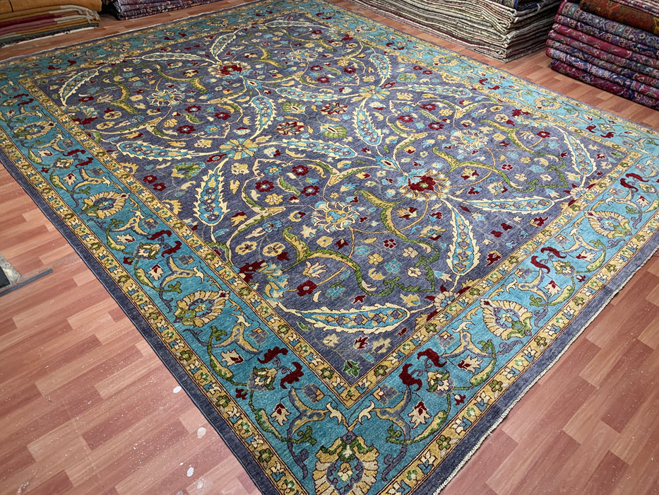12'x15' Hand-Knotted Chobi Wool Rug – Slate Blue & Aqua Border