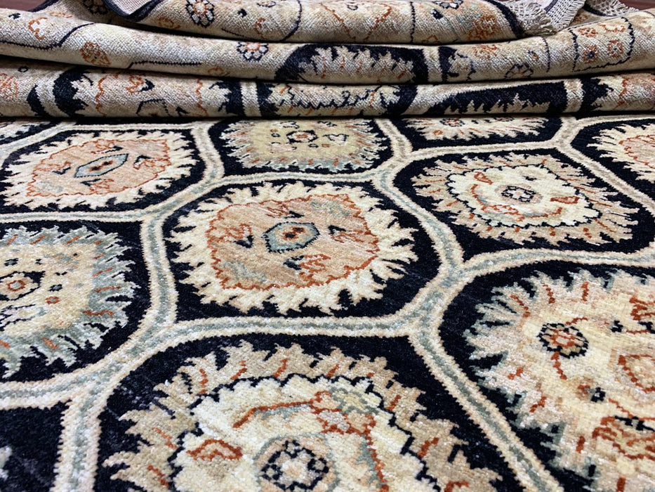 7'x10' Hand-Knotted Wool Rug – Black Field with Ivory/Beige Border