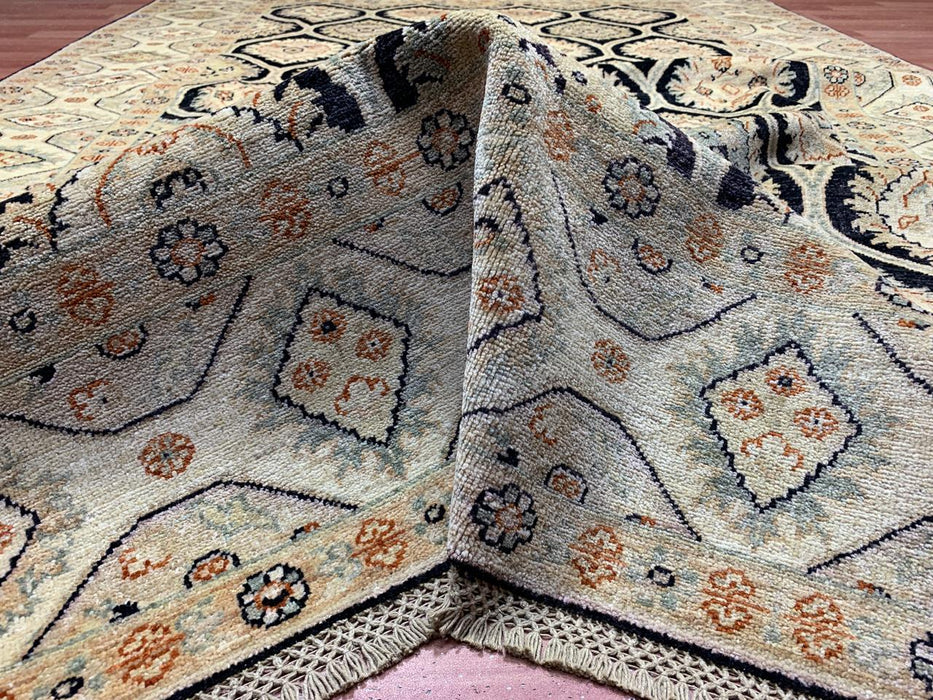 7'x10' Hand-Knotted Wool Rug – Black Field with Ivory/Beige Border