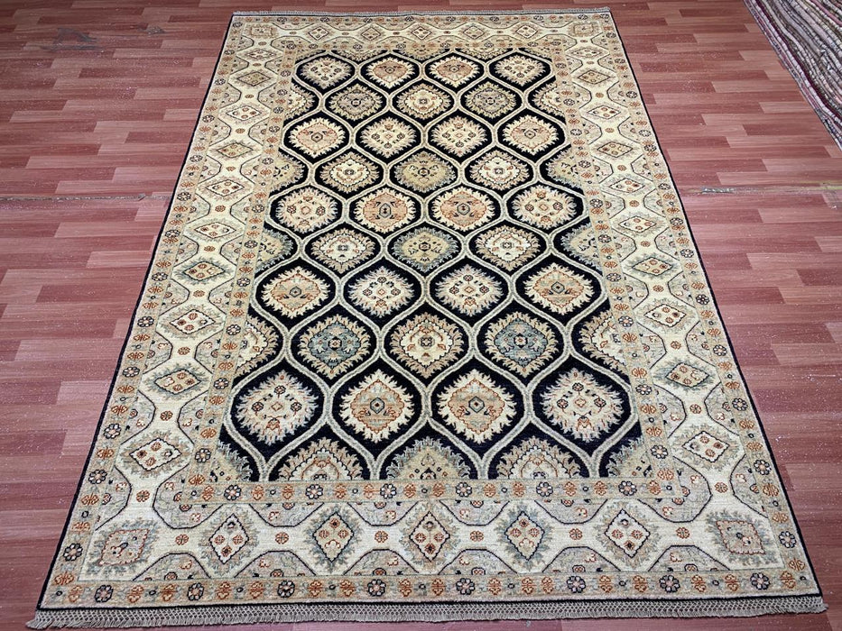 7'x10' Hand-Knotted Wool Rug – Black Field with Ivory/Beige Border